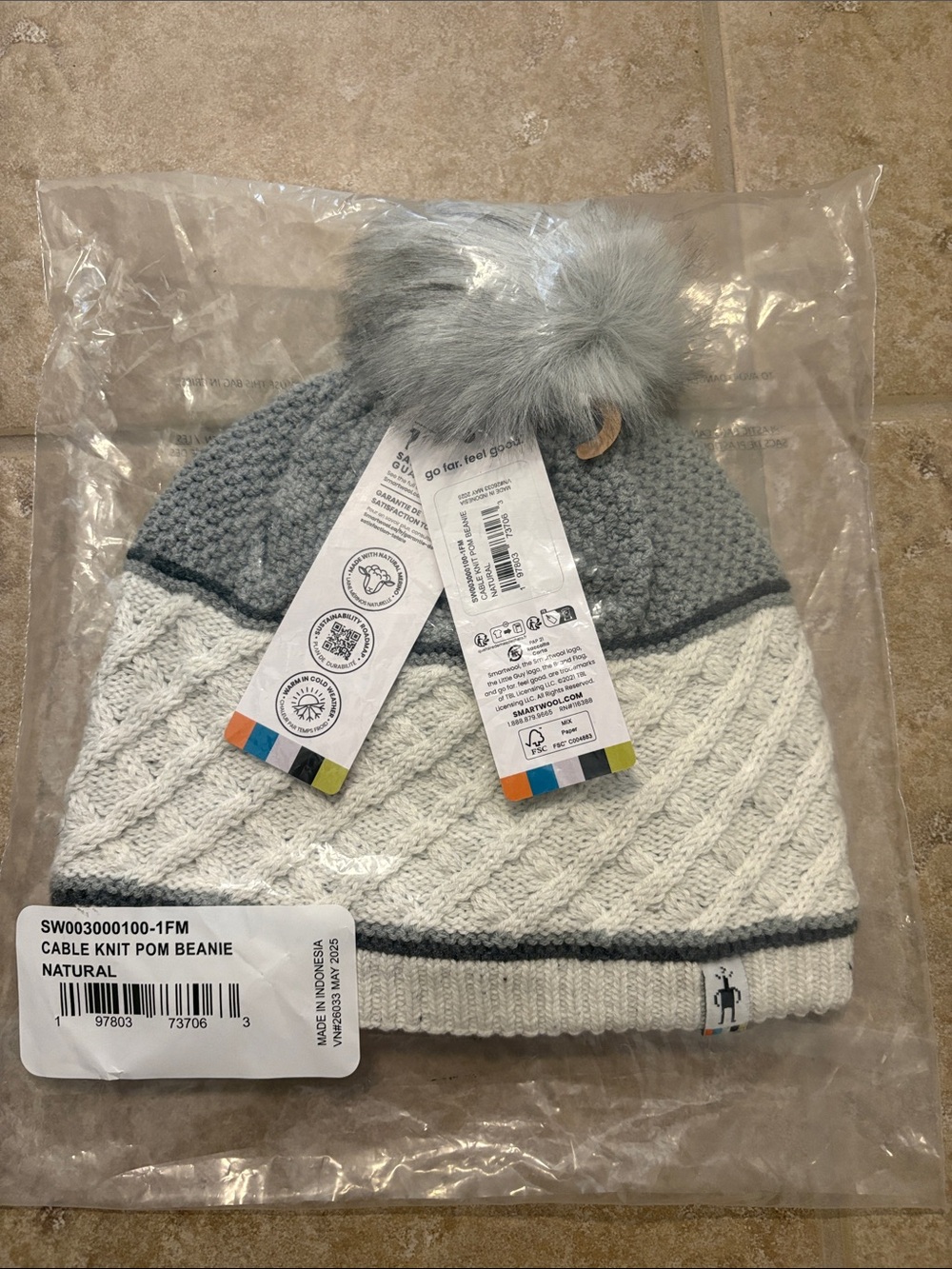 Smartwool Cable Knit Pom Beanie in Natural and Gray